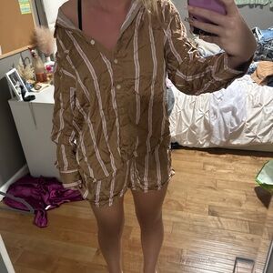 Aerie Brown and White Striped Pajama Set